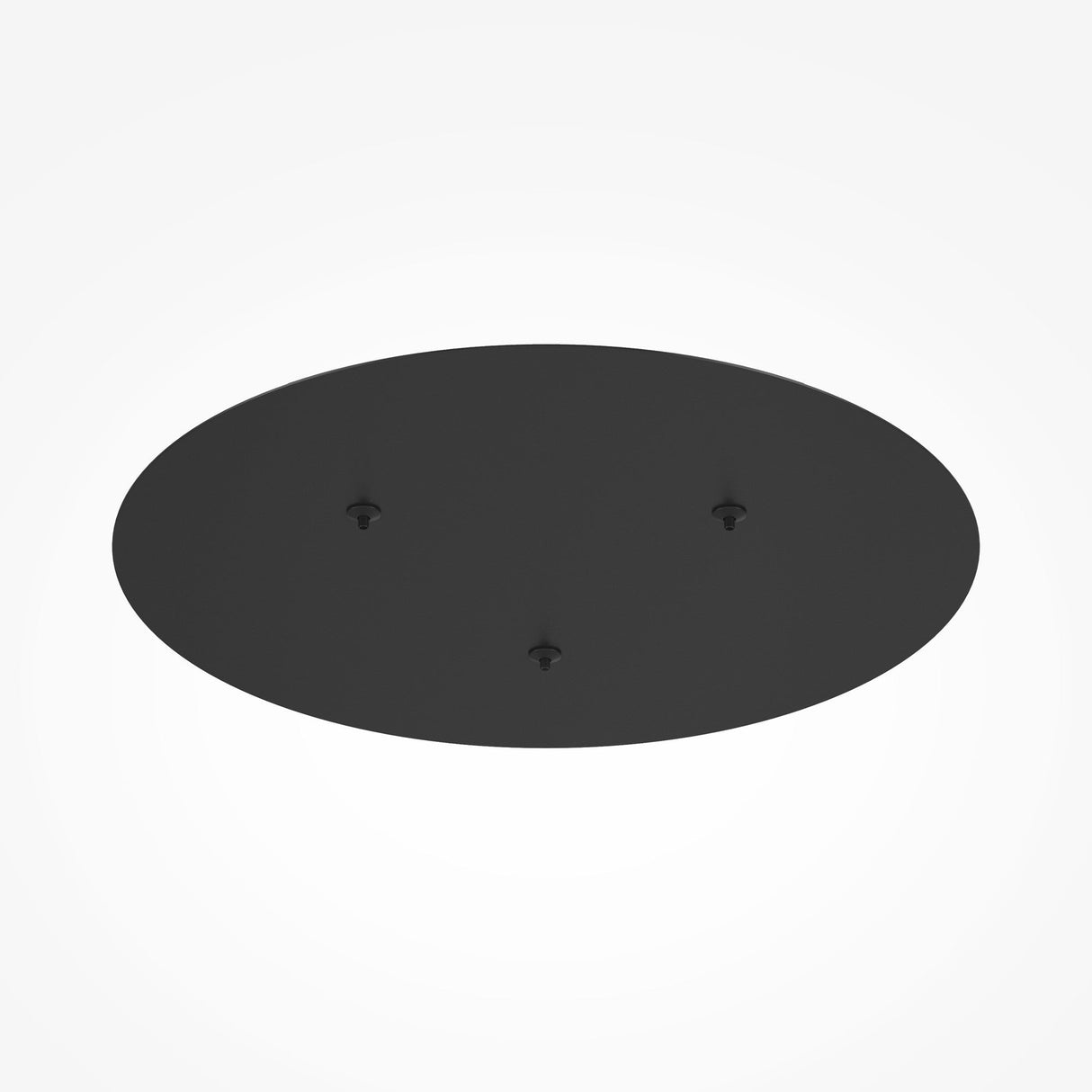 The Rim Cluster Canopy 3 Light Round - Black, an oval-shaped object with modern lighting design, is centered on a white background, featuring three small black protrusions.