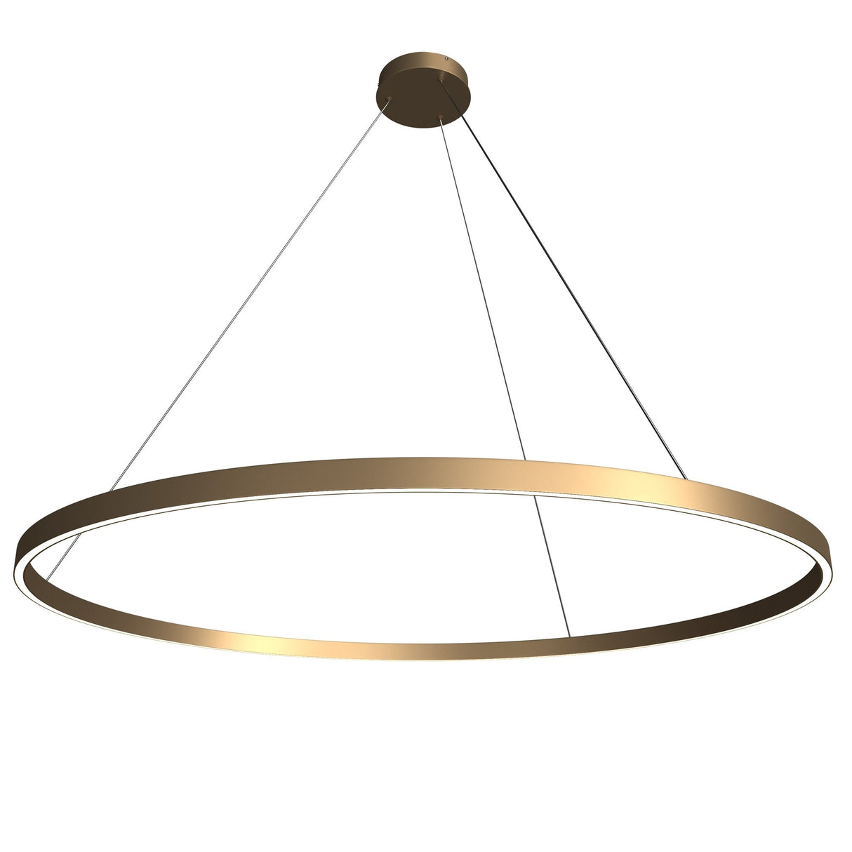 The Rim LED Circular Suspension Light 120cm - Brass hangs from the ceiling by three thin wires, offering ambient lighting with its modern, minimalist, and elegant design.