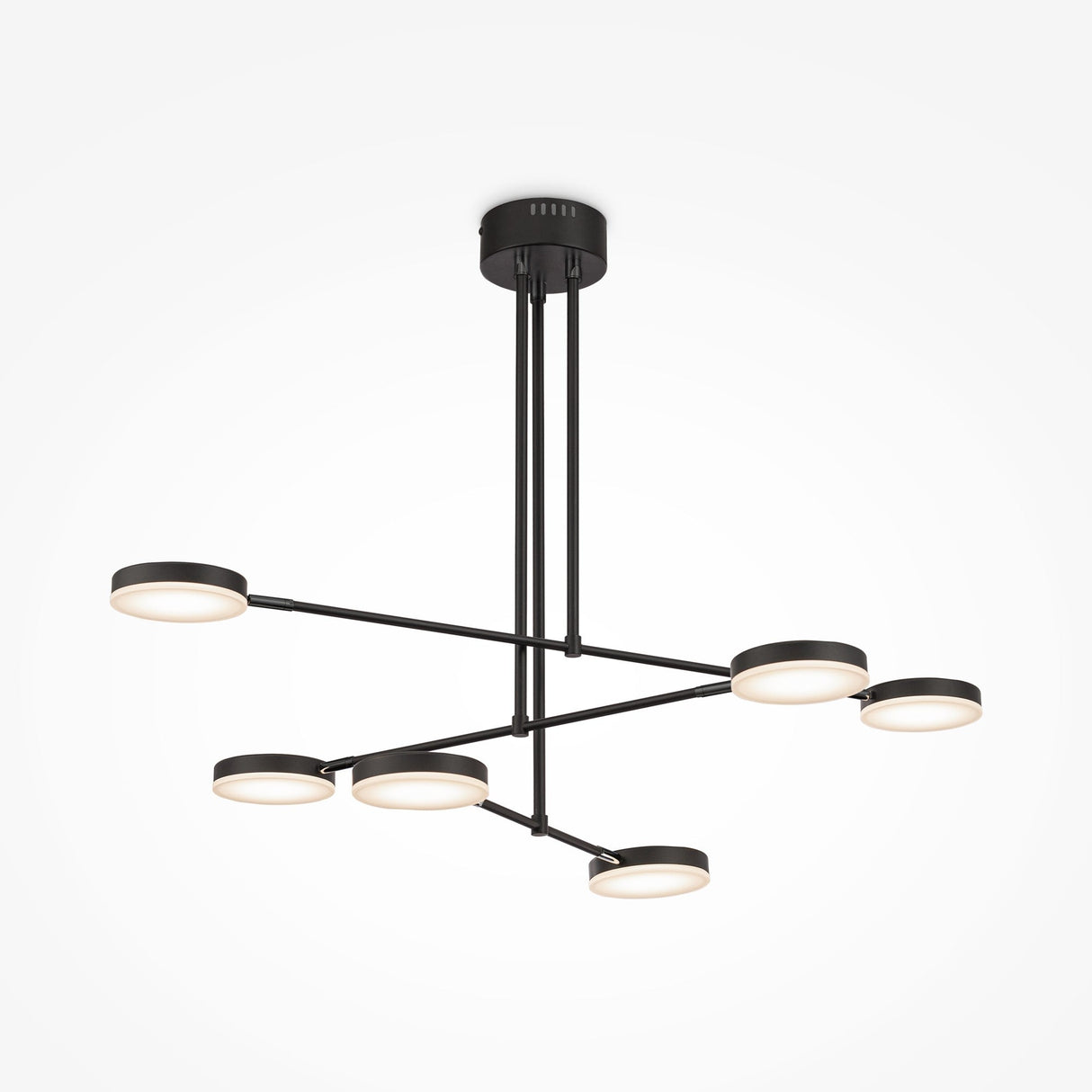 The Fad LED 6 Light Chandelier in black boasts a minimalist design with six circular lights on a sleek geometric framework. Its adjustable arms allow customizable spacing, enhancing its modern look against a white background.