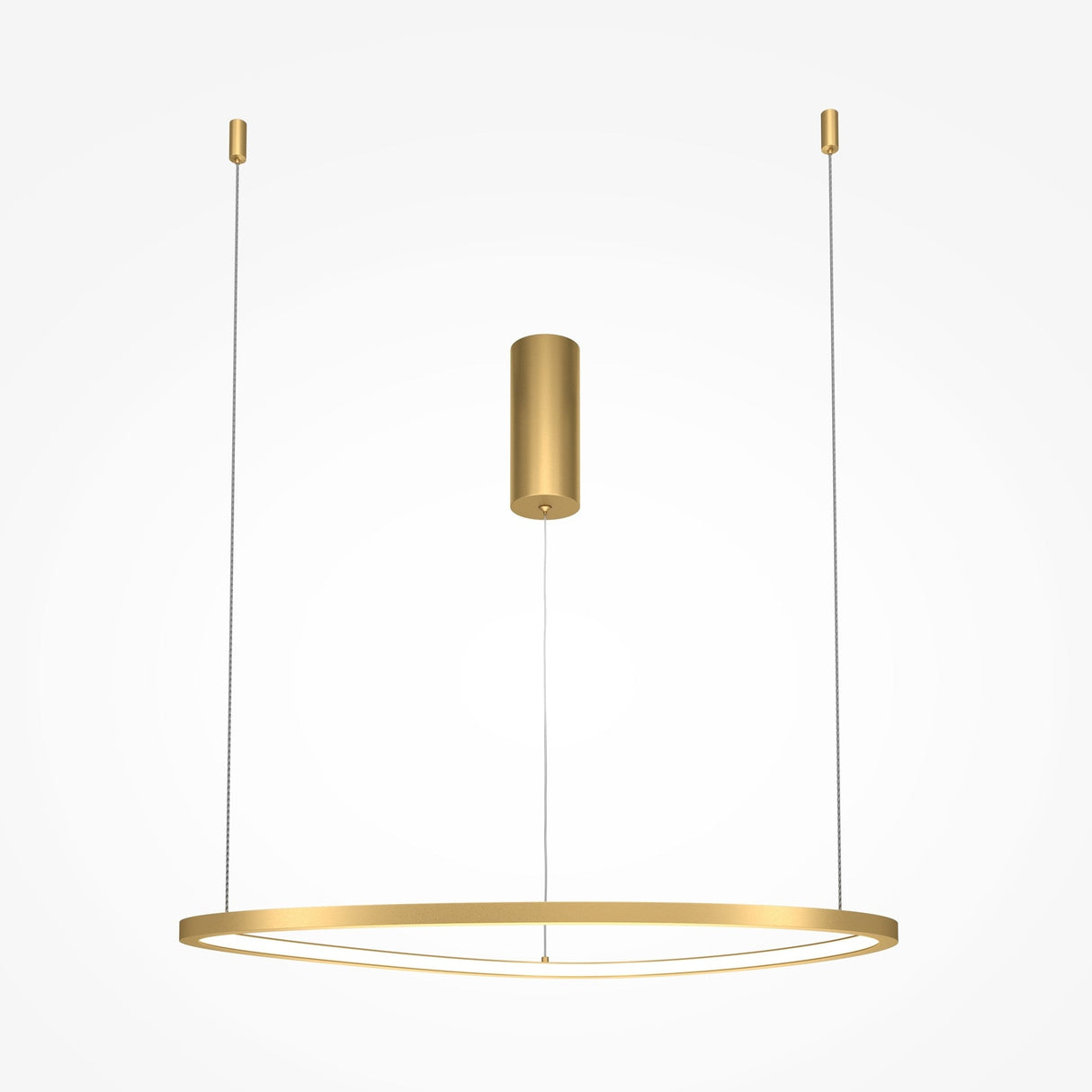 The Glint LED Circular Suspension Light 60cm in brass elegantly hangs from the ceiling, featuring a modern luxury design with a sleek gold-colored ring and central cylindrical attachment, suspended by two wires against a plain white background.