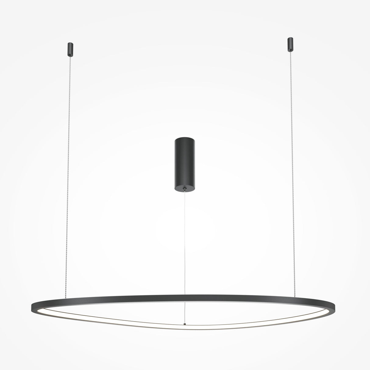 The Glint LED Circular Suspension Light 80cm - Black boasts a minimalist design with a sleek black frame and adjustable ceiling wires. A central cylinder connects its structure, creating a modern aesthetic on a white backdrop.