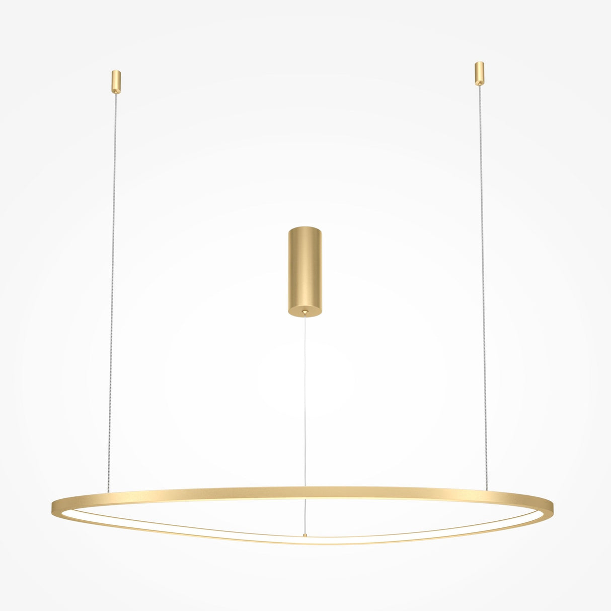 The Glint LED Circular Suspension Light 80cm - Brass hangs from the ceiling by two wires, offering an energy-efficient, minimalist design with a central cylindrical component, finished in modern brass.