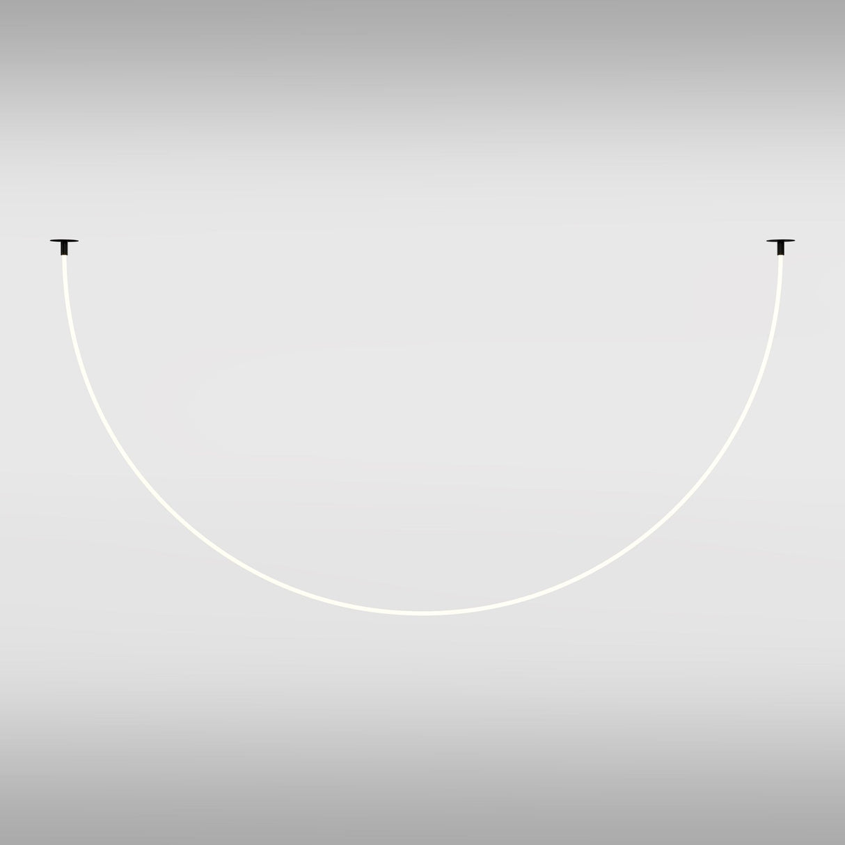 A wide U-shaped, thin, white curved line features a Tau LED Pendant Light with modern lighting technology on a light gray gradient background. It includes black horizontal caps marked with T, showcasing the essence of a flexible neon silicone diffuser.