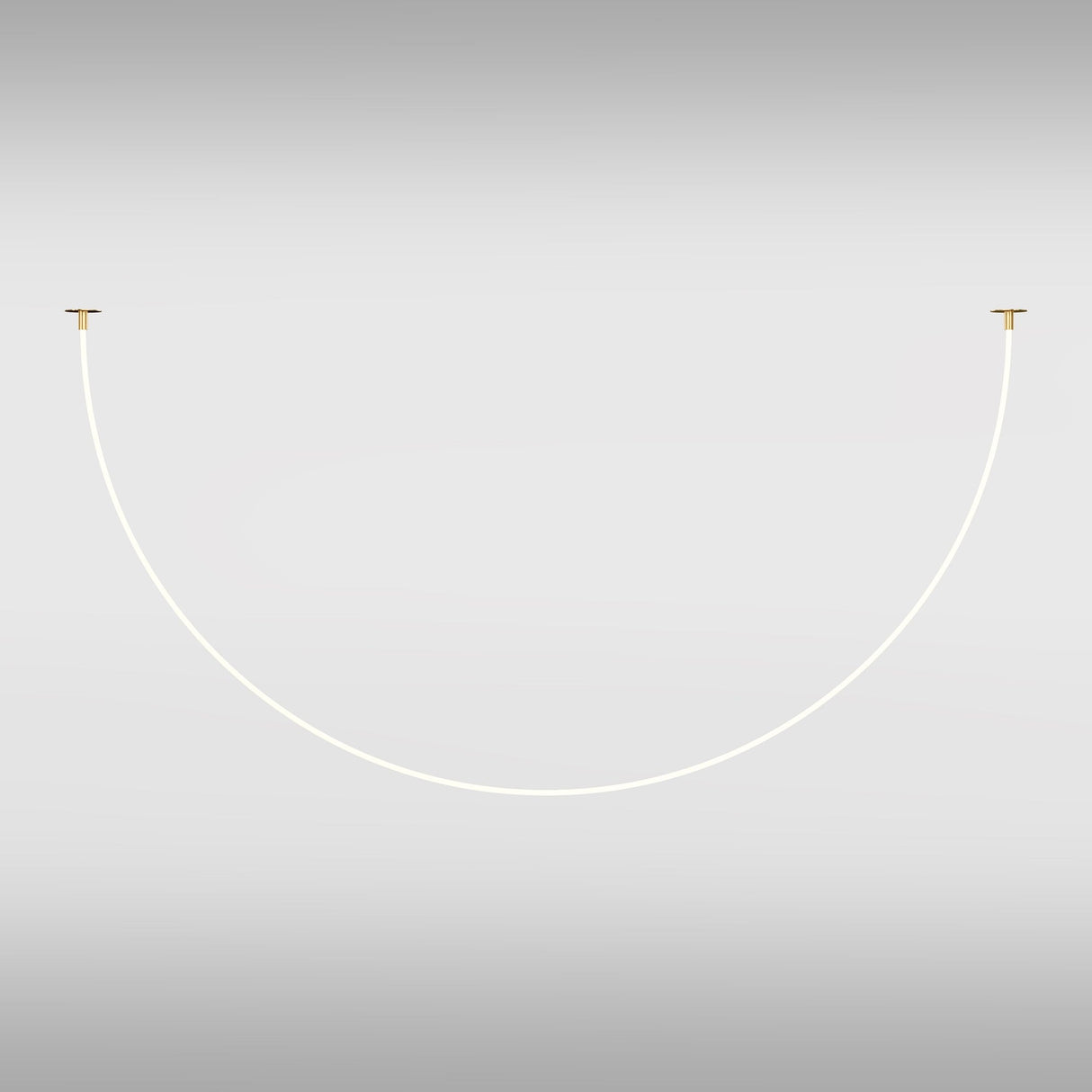 The Tau LED Pendant Light 40W features a curved, thin white line resembling a swing, suspended between small gold fixtures on a smooth light gray background. This modern decor piece is enhanced with a flexible neon silicone diffuser.