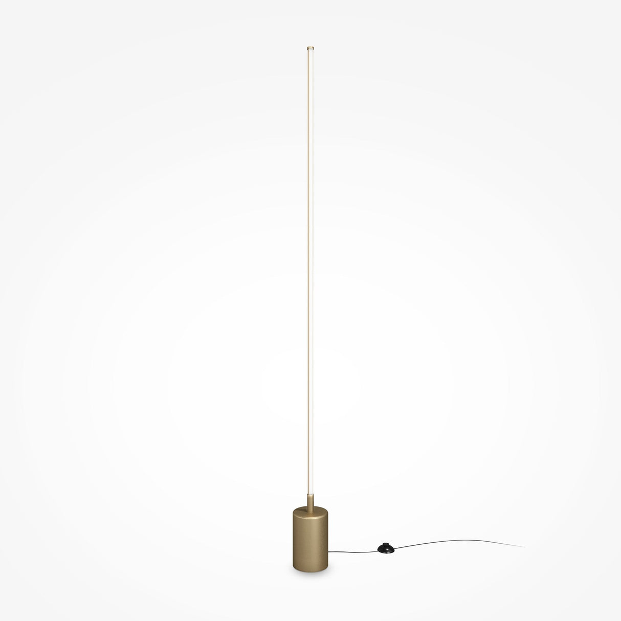 The Flow LED Floor Lamp - Brass showcases a minimalist design with a slim vertical rod and cylindrical base in a brass finish. Its visible power cord extends from the base, and it offers adjustable color temperatures, making it stand out stylishly against a plain white background.