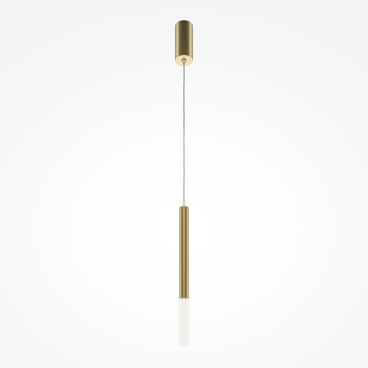 Maytoni Pro Shade Column LED pendant light in gold, featuring a slim cylindrical metal body suspended from a matching canopy on a single cable.
