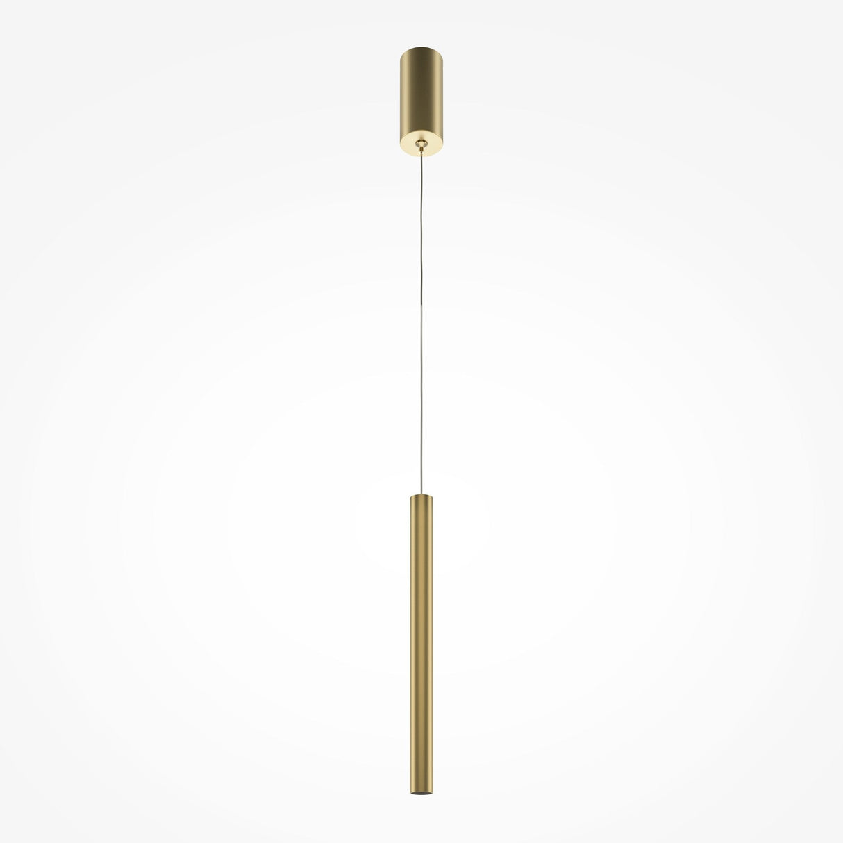 The Pro Base LED Thin Pendant Light - Gold features a sleek, modern design with a cylindrical rod and brushed gold finish. It hangs from a thin wire on a circular ceiling mount, with an integrated LED light that complements its minimalism against a light gray background.