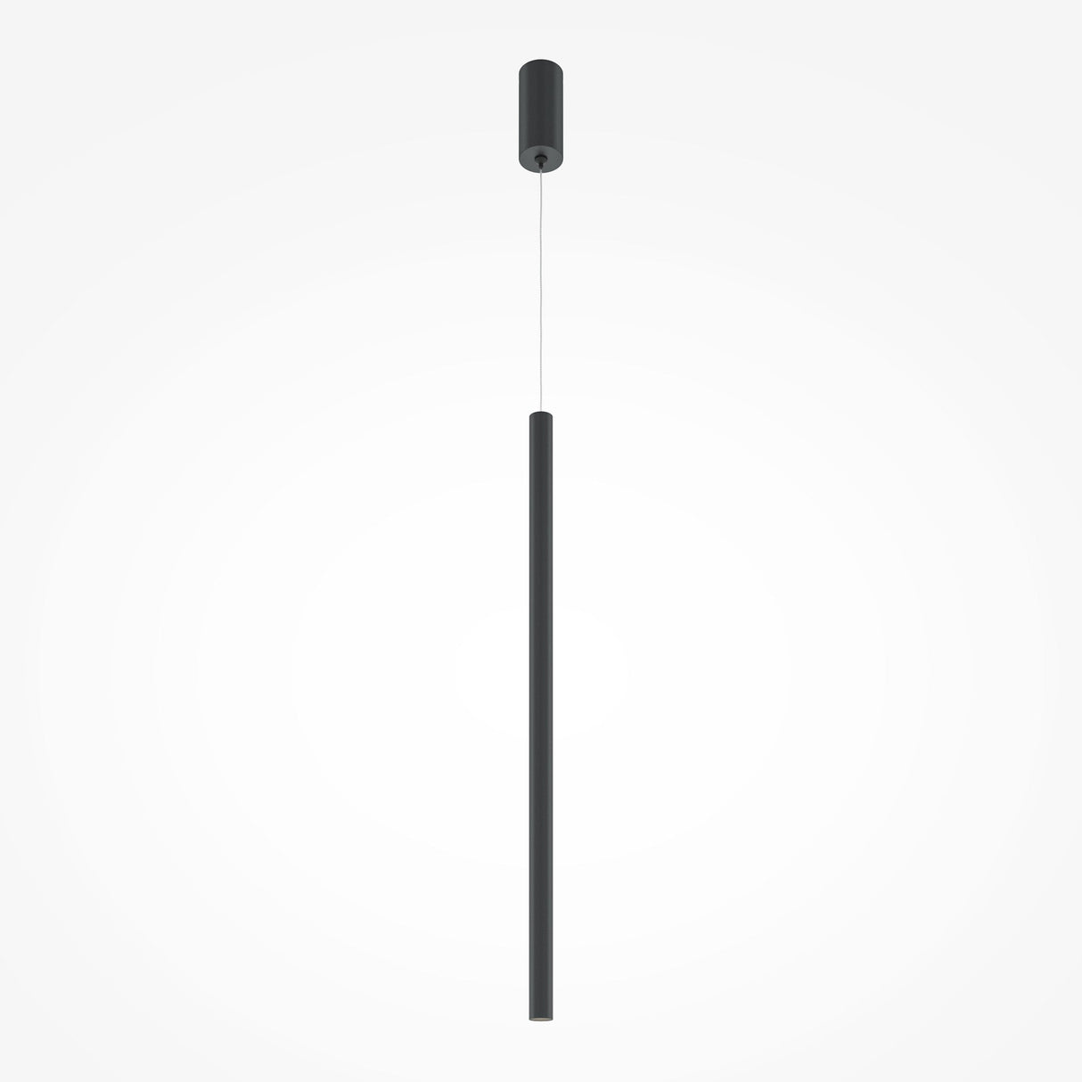 The Pro Extra LED Long Thin Pendant Light - Black features a minimalist cylindrical black shade suspended by a thin wire, complete with a black ceiling cup. Ideal for modern interiors, it offers a sleek LED style against a white background.