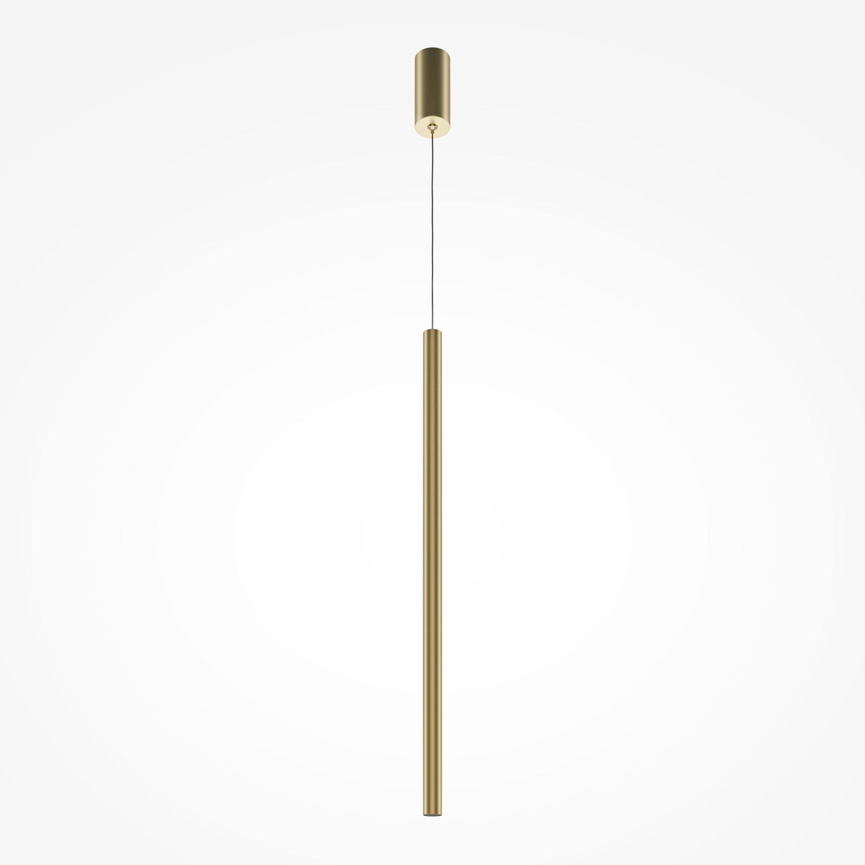 The Pro Extra LED Long Thin Pendant Light in gold features a modern cylindrical design, hanging from a slim wire to its round ceiling mount.