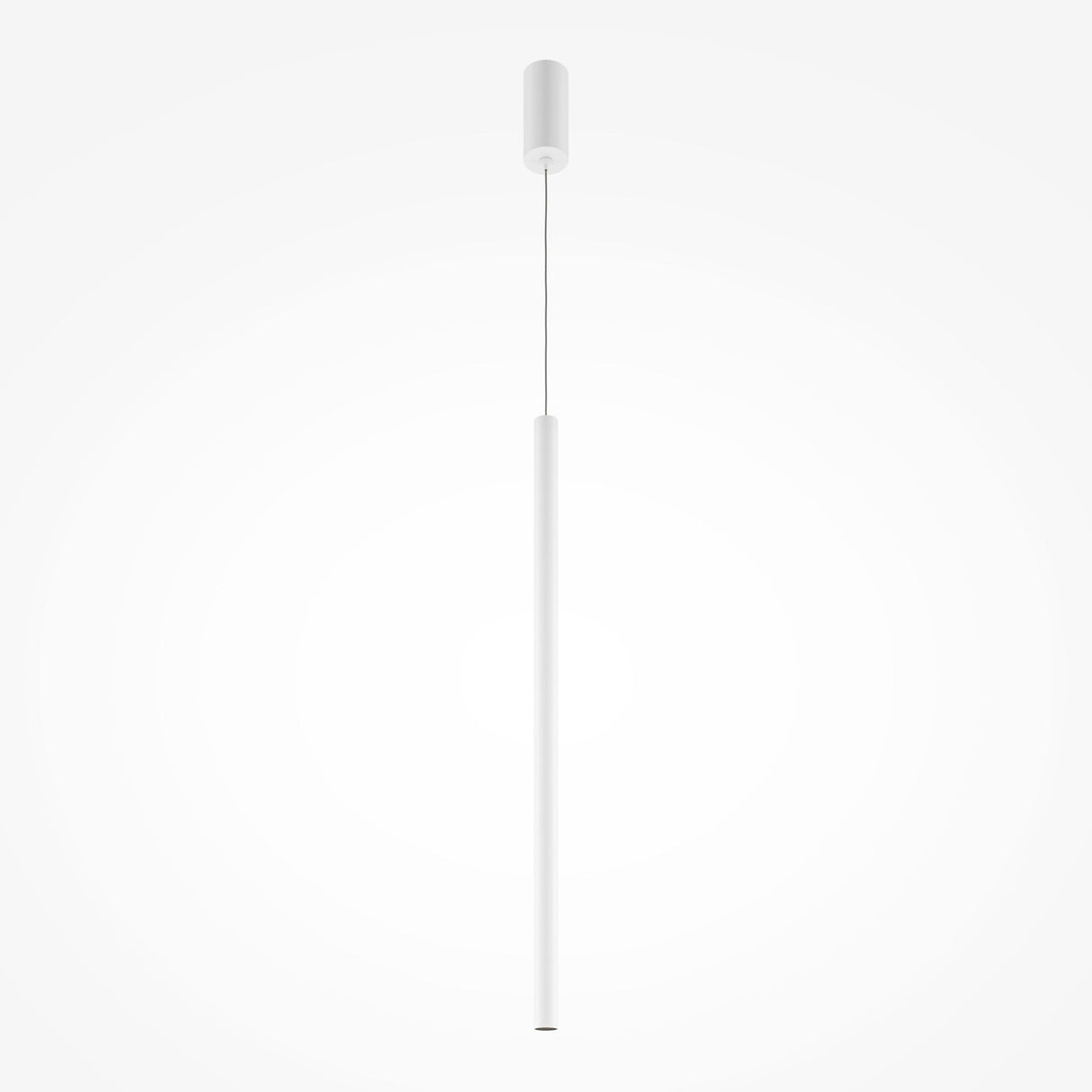 The Pro Extra LED Long Thin Pendant Light - White is a minimalist fixture with an integrated LED, slim cylindrical design, and thin cable, hanging from a ceiling mount against a plain white background.