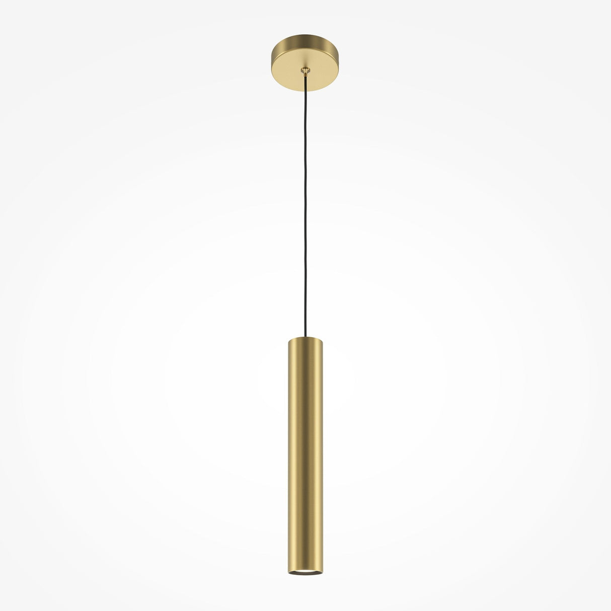 The Pro Focus Thin Pendant Light - Gold, with its minimalist cylindrical design and brushed gold finish, hangs elegantly from the ceiling by a black cord against a crisp white background.