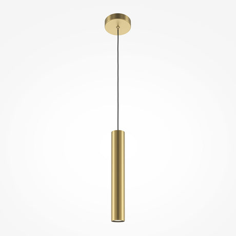 The Pro Focus Thin Pendant Light - Gold, with its minimalist cylindrical design and brushed gold finish, hangs elegantly from the ceiling by a black cord against a crisp white background.
