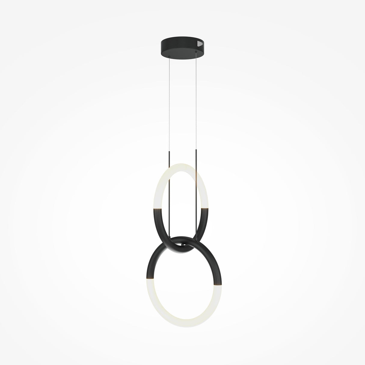 The Node LED 2 Rings Pendant Light - Black features two intertwined adjustable LED rings in black and white, suspended from a sleek black base. This modern fixture adds an elegant, minimalist touch to interiors, providing a striking contrast against a plain white background.