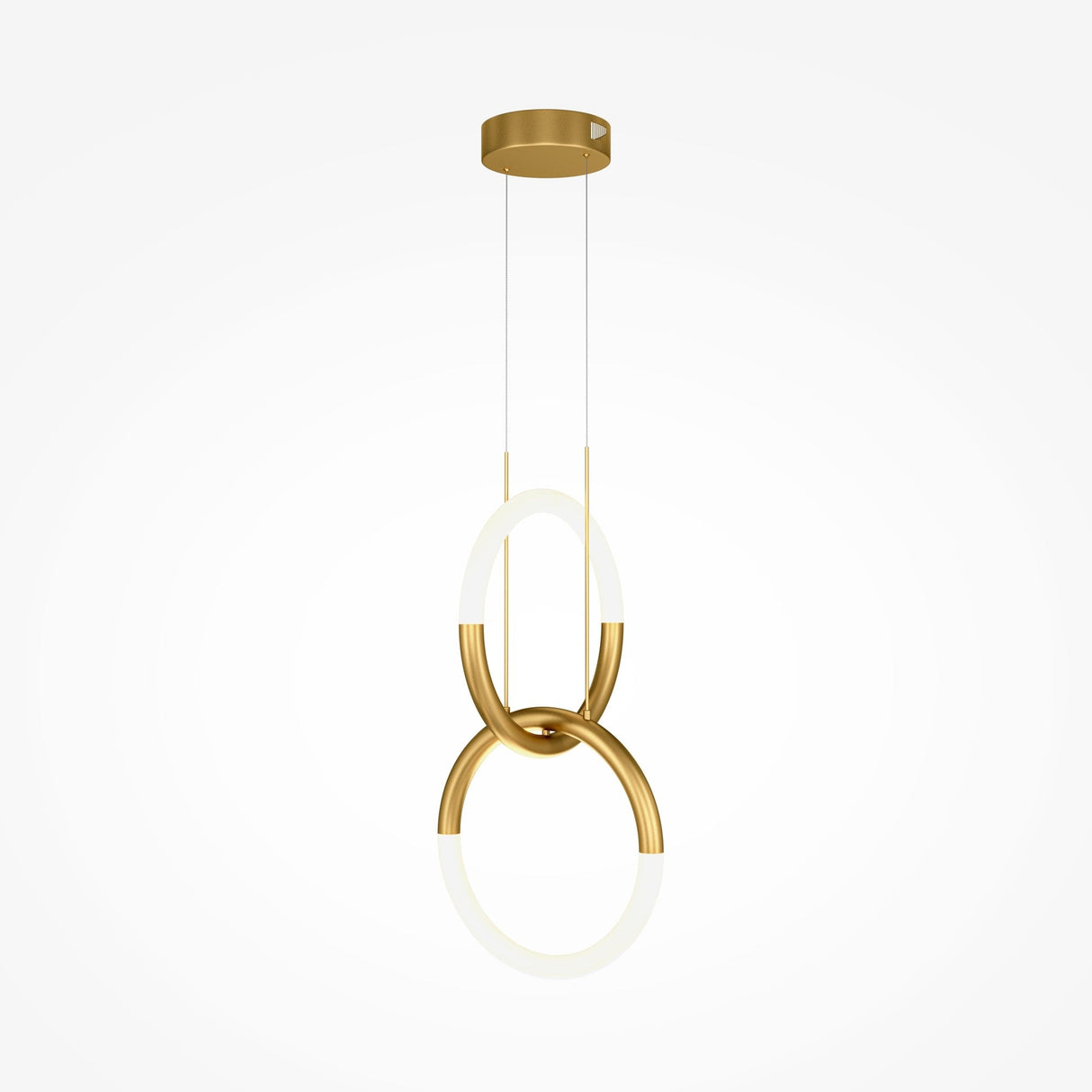 The Node LED 2 Rings Pendant Light - Gold showcases adjustable rings in a modern design. Two interlocking gold rings hang from a round ceiling base with thin cables, featuring integrated LED lights that cast a soft white glow.