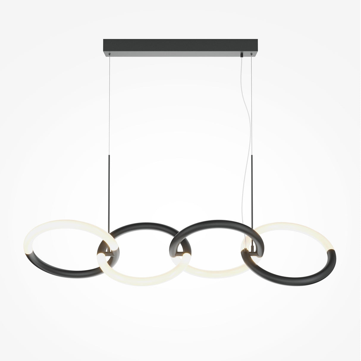 The Node LED 4 Rings Linear Suspension Light - Black & White features three interlocking black circles with glowing white edges and a high Color Rendering Index. Suspended by thin wires from a rectangular black base, it adds elegance against a white background.