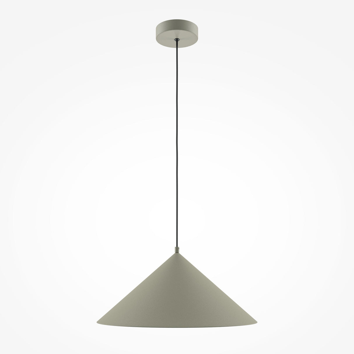 The Basic Colors Cone Pendant Light - Grey features a minimalist cone-shaped grey shade and a thin black cord, attached to a round ceiling mount. Its simple elegance against the plain white background makes it ideal for any modern interior.