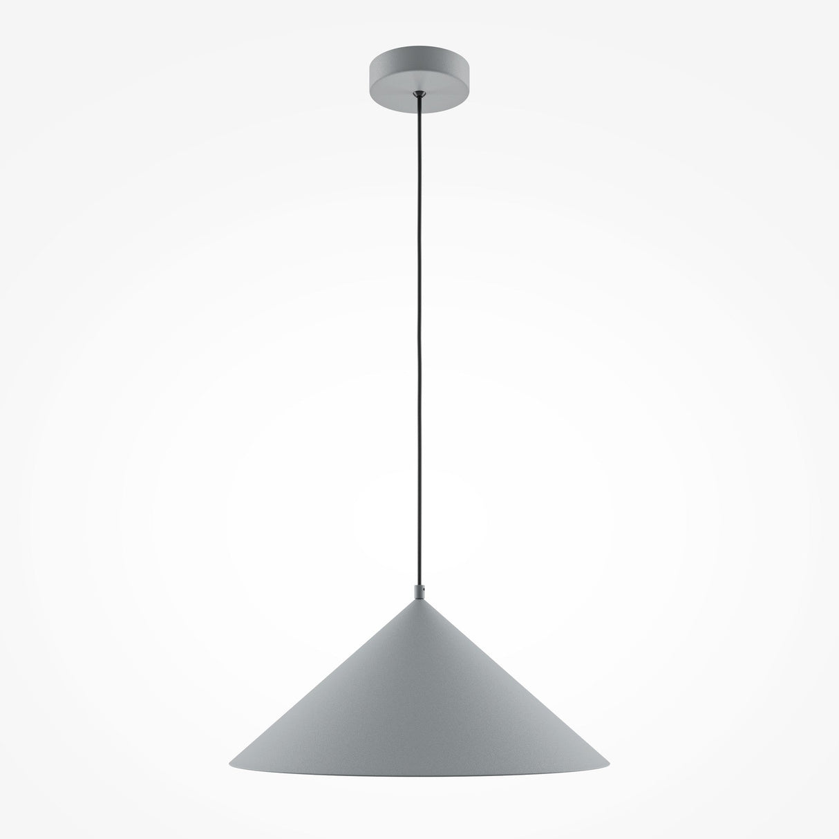 The Basic Colors Cone Pendant Light - Matte Grey features a minimalist conical shade in matte gray, suspended by a slim black cord, with a round gray ceiling mount, creating a sleek and modern design.