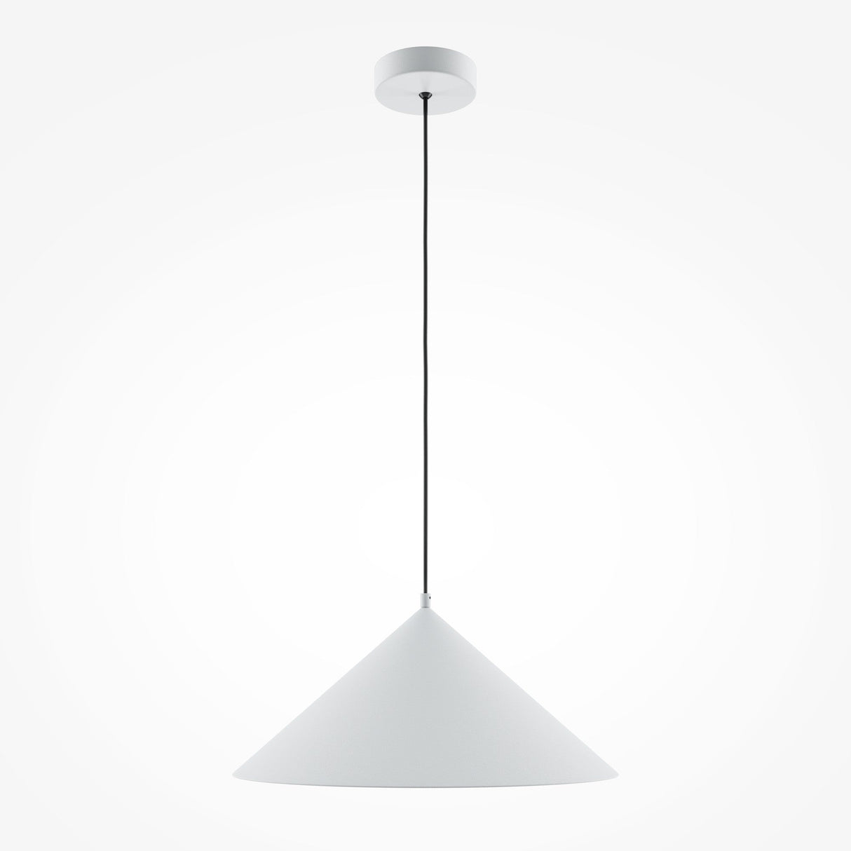 The Basic Colors Cone Pendant Light - White is a modern fixture with a sleek conical white shade, suspended by a slim black cord and attached to a small round ceiling mount, set against a plain white background.