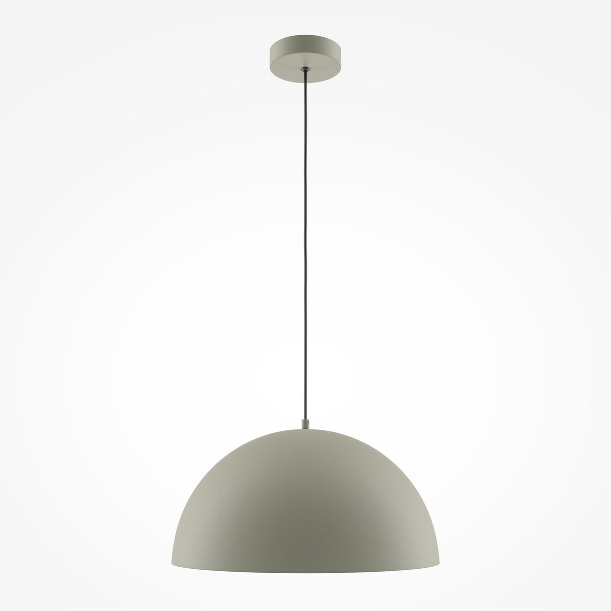 The Basic Colors Dome Pendant Light in grey features a sleek metal shade. Suspended by a dark cord, it exudes elegance against a white backdrop, embodying modern minimalist lighting.
