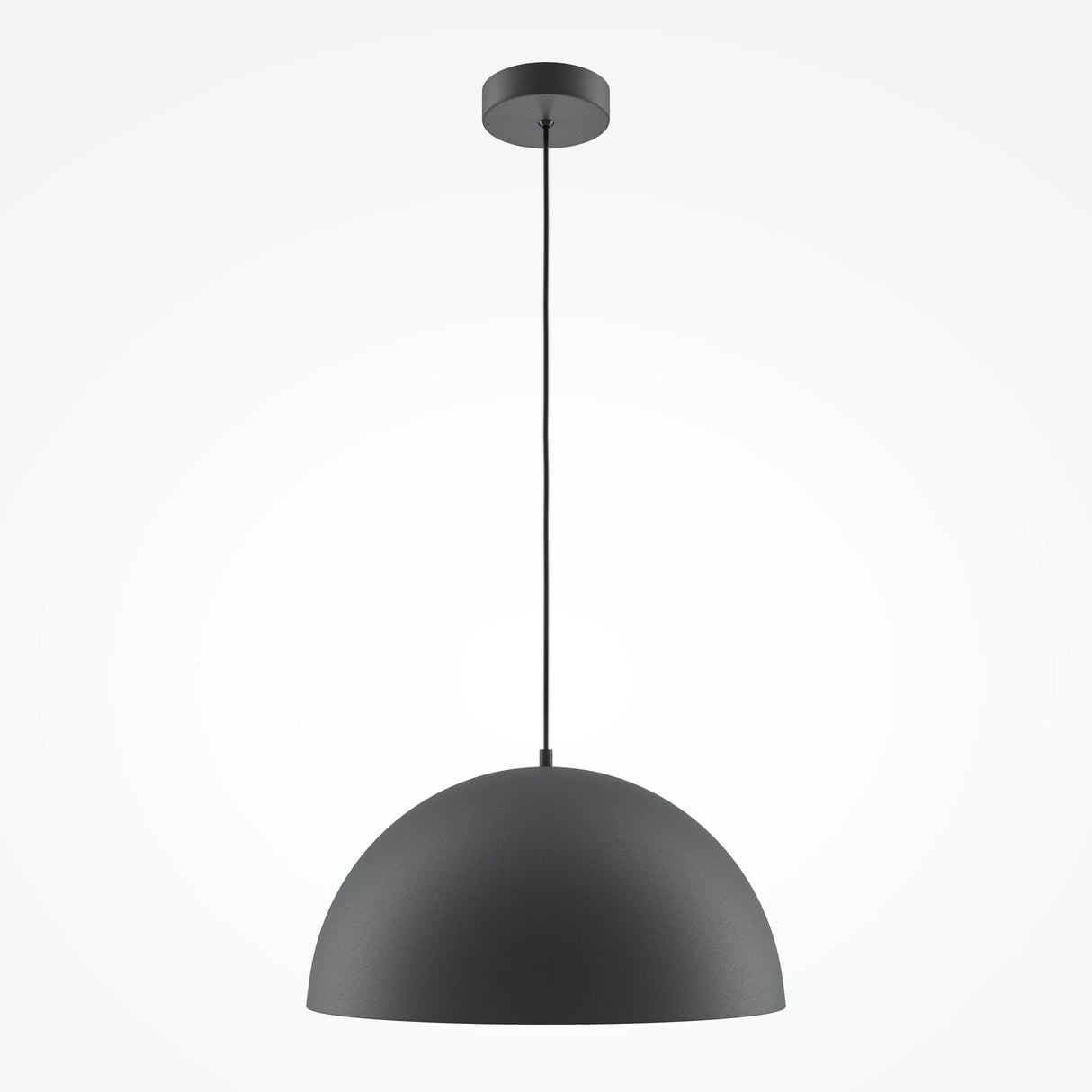 The Basic Colors Dome Pendant Light in black epitomizes minimalist lighting, hanging from the ceiling by a slender cord. This fixture exudes simplicity and modernity against a plain white background.