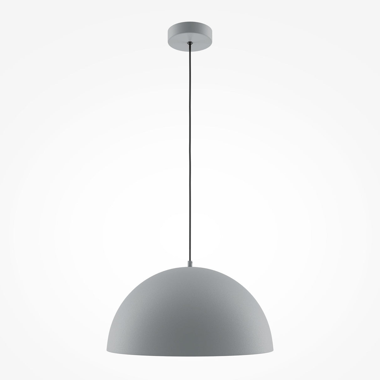 The Basic Colors Dome Pendant Light in matte grey features a minimalist dome design and sleek modern aesthetics. It hangs from a ceiling mount with a long, straight cord, perfectly complementing contemporary interiors against a plain white background.