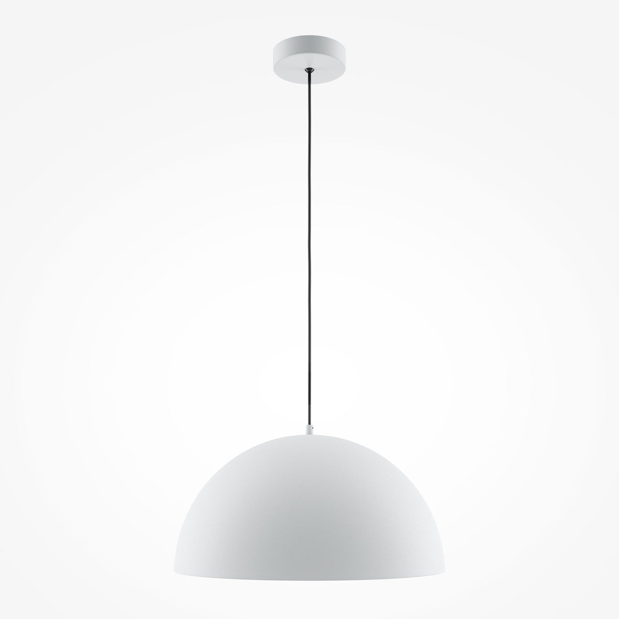 The Basic Colors Dome Pendant Light - White features a sleek white dome gracefully suspended from a black cord and white ceiling mount, set against a plain white backdrop.