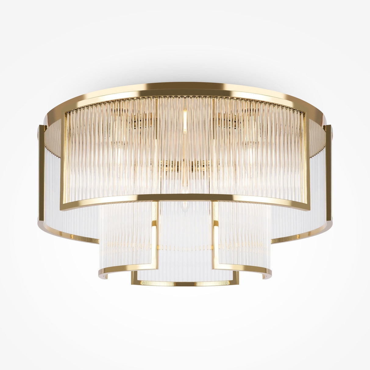 The Frame 9 Light Flush - Gold is a modern chandelier featuring multiple tiers of embossed glass tubes and a circular design. With gold metal frames, it adds elegance and luxury against any neutral background.