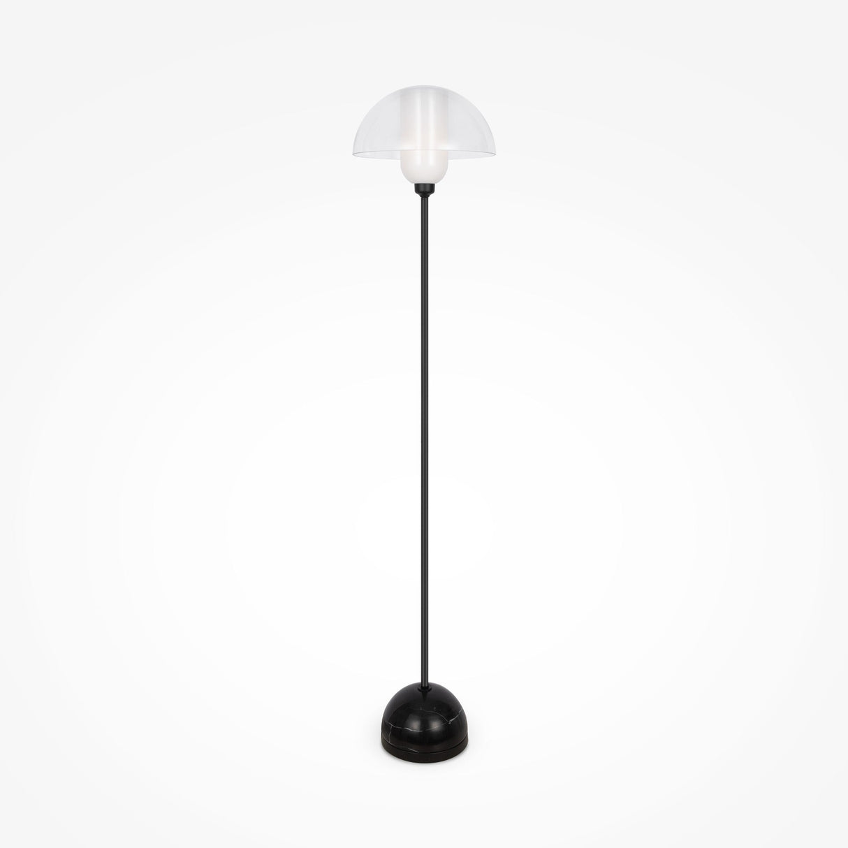 The Memory Floor Lamp - Black features a modern design with an opal white glass shade. Its minimalist black stand, round base, and sleek aesthetic stand elegantly against a plain white background.