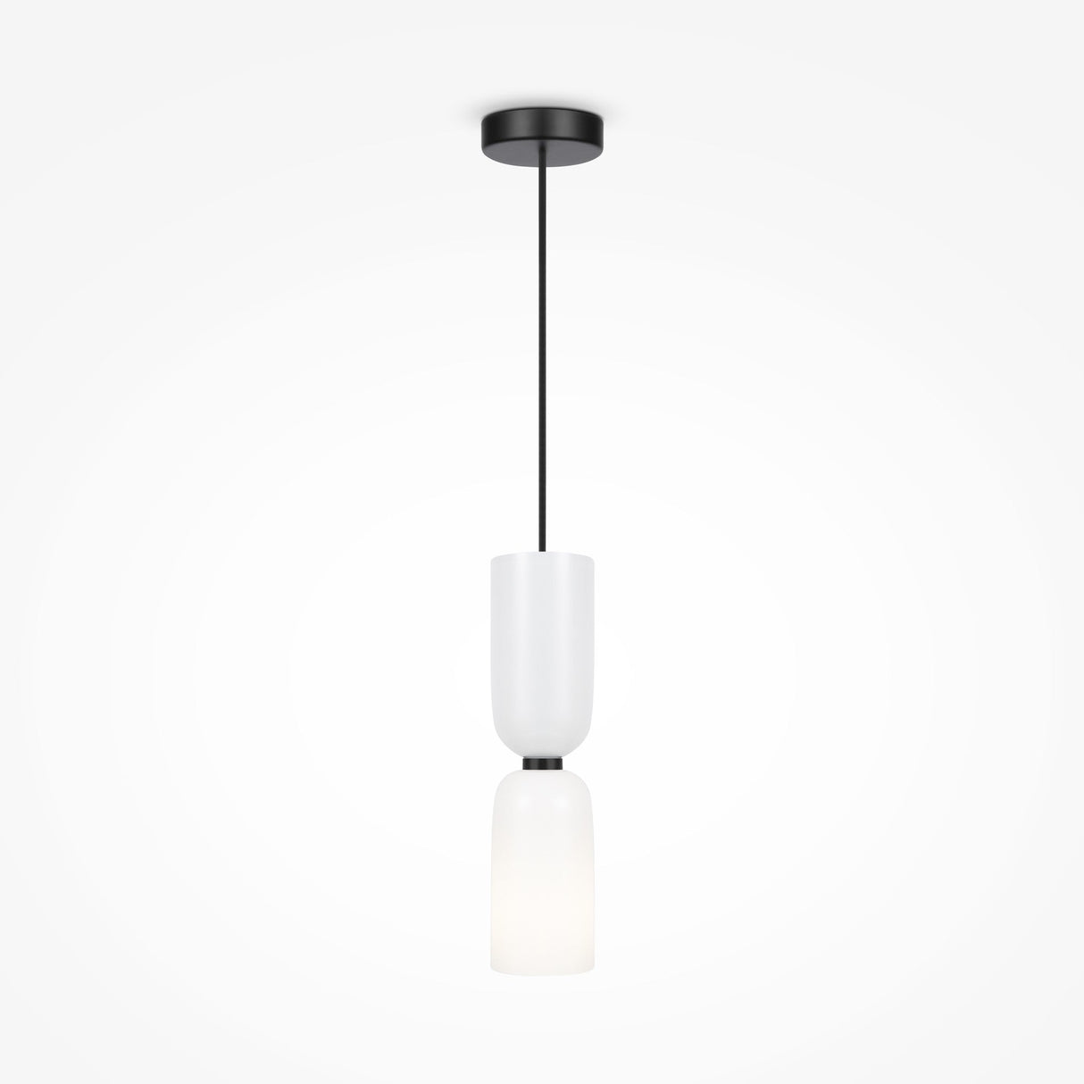 The Memory Hourglass Pendant Light - Black With White Glass features a sleek black cord and two white cylindrical glass shades stacked vertically, offering minimalist design. It suspends from a round black ceiling mount, and its adjustable height ensures versatile elegance for any space.