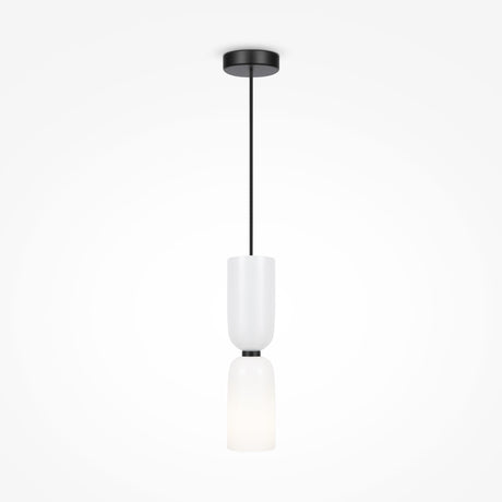 The Memory Hourglass Pendant Light - Black With White Glass features a sleek black cord and two white cylindrical glass shades stacked vertically, offering minimalist design. It suspends from a round black ceiling mount, and its adjustable height ensures versatile elegance for any space.