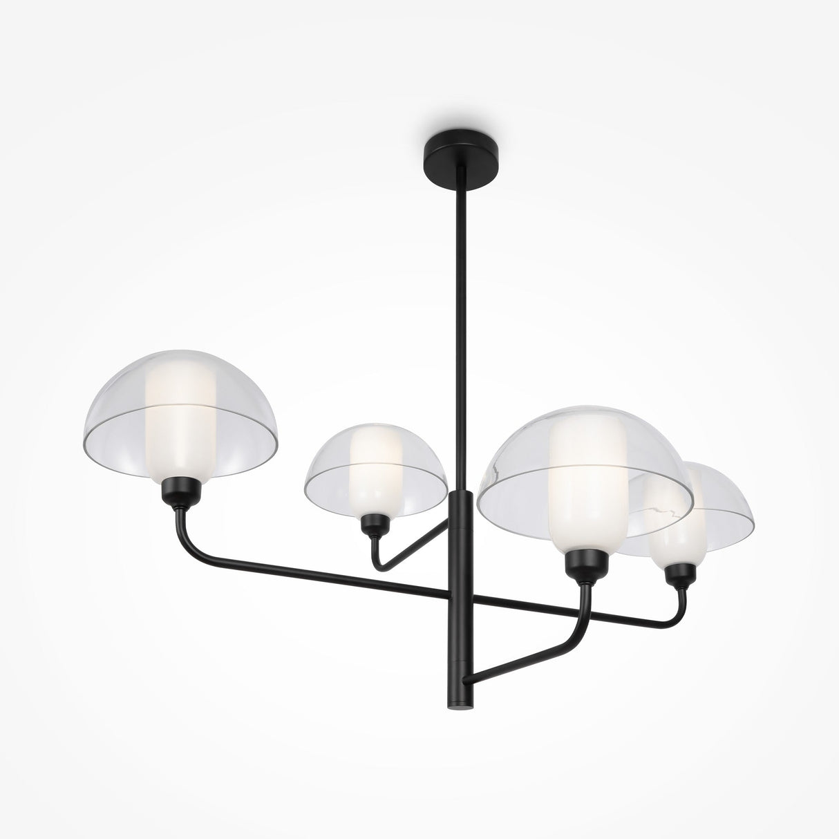 The Memory 4 Light Chandelier - Black showcases a sleek, modern design with four lights encased in opal glass globes under clear dome-shaped covers. Its black metal frame and central rod connect to the ceiling, all set against a plain white backdrop.