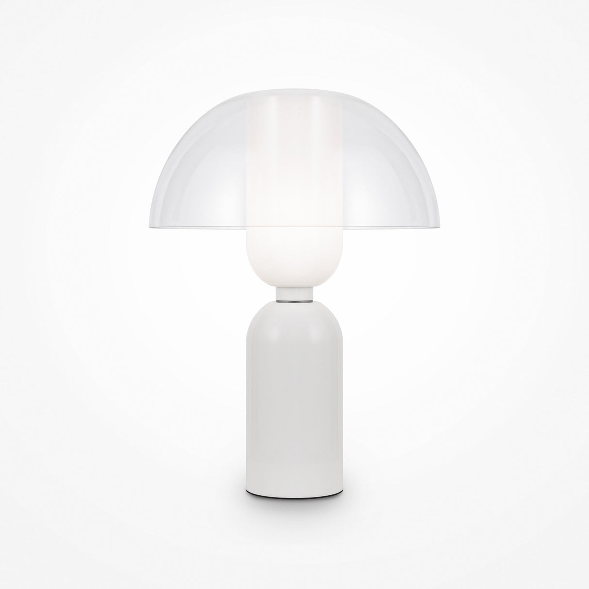 Introducing the Memory Table Lamp - White: a modern piece with a white cylindrical base, opal glass diffuser, and clear dome-shaped glass shade. Its sleek design emits soft ambient lighting, ideal for creating a calming atmosphere.