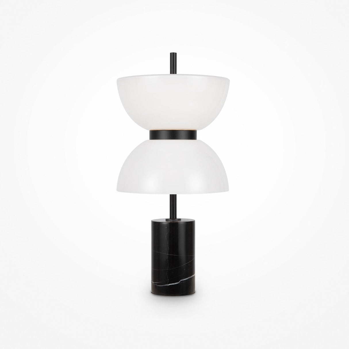 The Kyoto LED Table Lamp - Black features a sleek, minimalist design with dual white bowl-shaped shades on a cylindrical black marble base. A central black rod seamlessly connects the elements, offering a chic addition to any modern space.