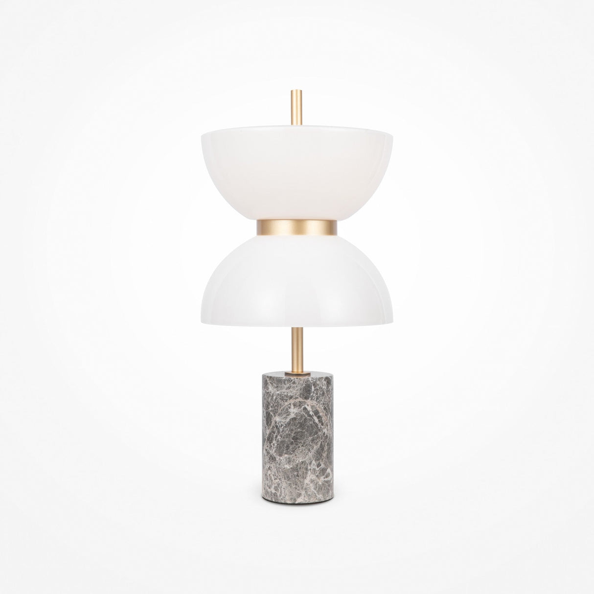 The Kyoto LED Table Lamp combines a grey marble base with two white, bowl-shaped shades, separated by a gold accent. Its minimalist design is centered around a vertical rod, making it an ideal fit for modern spaces.