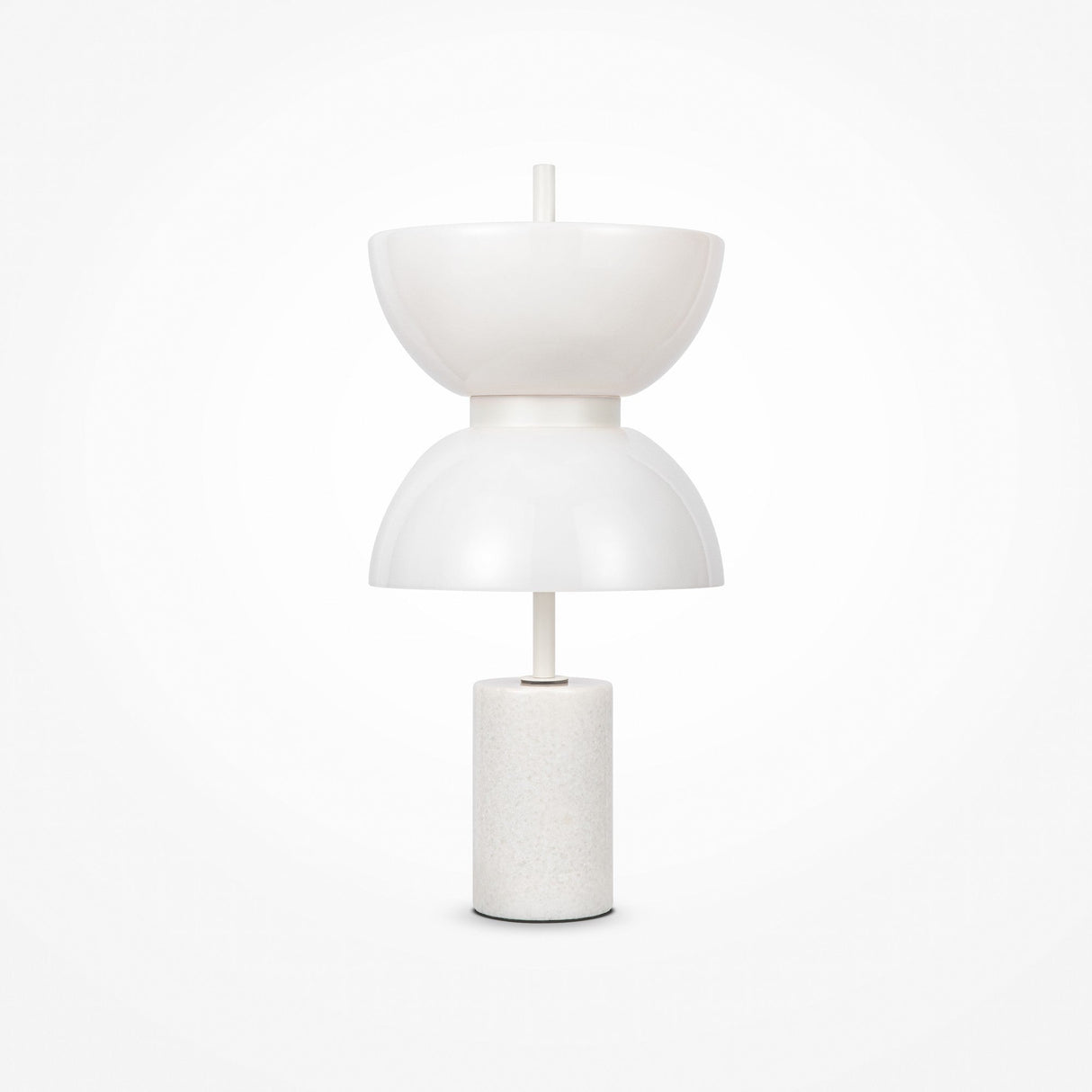 The Kyoto LED Table Lamp - White has a minimalist design featuring a sleek cylindrical base and two stacked bowl-shaped shades, offering an energy-efficient LED light with a geometric touch.