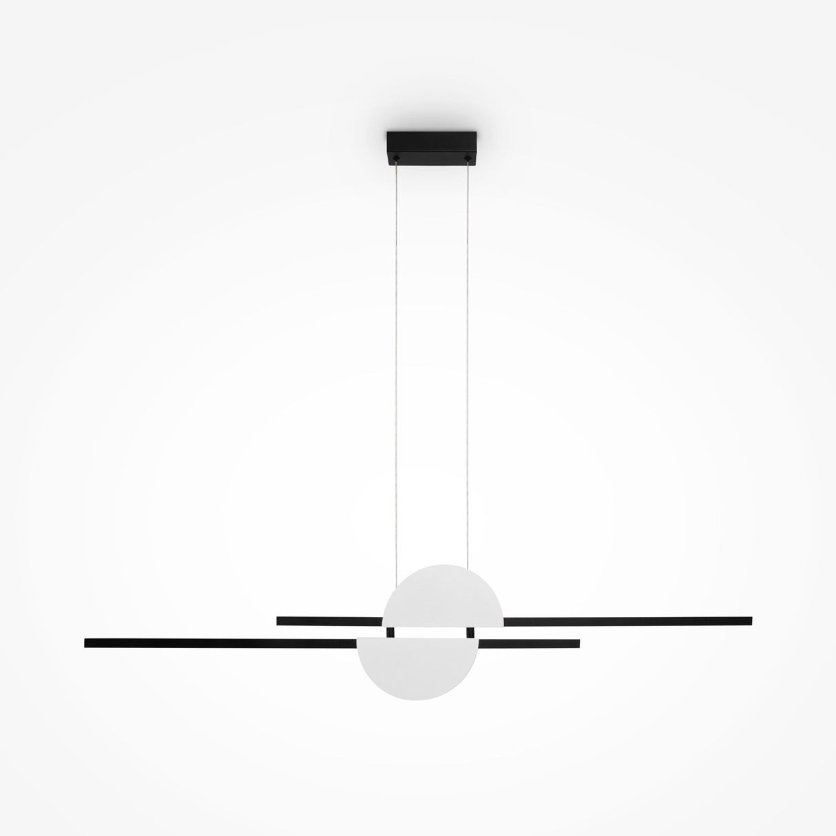 The Skyline LED Linear Suspension Light in Black & White features two black horizontal bars intersecting a circular frosted glass fixture. It has an adjustable suspension height, hanging from a rectangular black ceiling mount, creating a sleek look against the plain white background.
