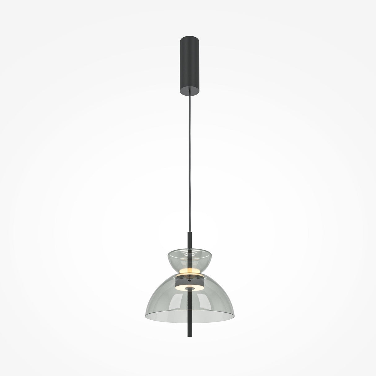 The Bangkok 25cm LED pendant light boasts a sleek design, featuring a grey glass shade and black cylindrical ceiling attachment. With the bulb visible through its transparent shade, it hangs elegantly from a thin cord, making it ideal for contemporary interiors.