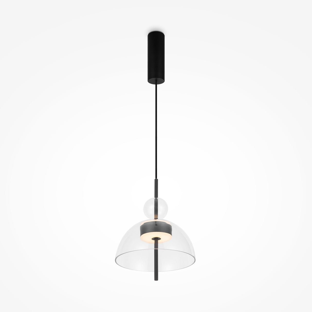 Introducing the Bangkok LED Pendant Light 25cm—a modern masterpiece with a black cylindrical fixture and a minimalist design. Its round clear glass shade elegantly houses the bulb, while a sleek black cord suspends it from the ceiling.