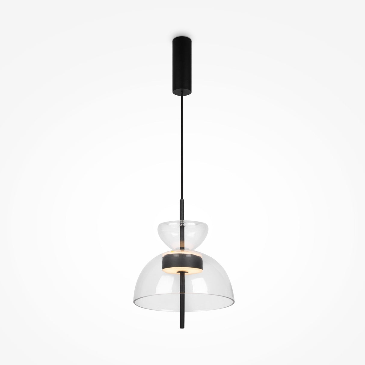 The Bangkok LED Pendant Light 25cm offers a minimalist design with a sleek black rod and dual clear glass domes. The upper dome encloses an LED bulb, while the larger dome hangs below, all suspended from an elegant black ceiling fixture.