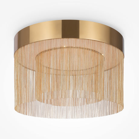 The Imaginary LED Large Ceiling Light - Gold features cascading metal chains in a luxurious layered design. Its gold-finished circular structure with a reflective outer ring radiates sophistication, beautifully dazzling against a plain white background.