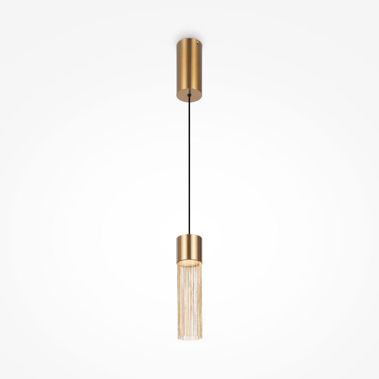 The Imaginary Chain Pendant Light - Gold features a modern cylindrical fixture with cascading fringe details, energy-efficient LED bulbs, and hangs from a black cord against a white background, offering an elegant focal point.