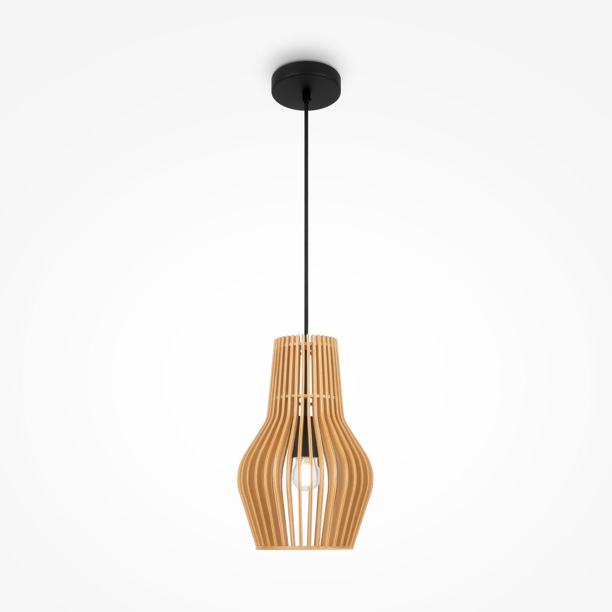 The Roots Pendant Light 20cm, part of the Modern Nature collection, features a black ceiling mount and rod with a beige wooden cone dome shade. Its slatted design allows the bulb to peek through, crafting a warm and contemporary ambiance.