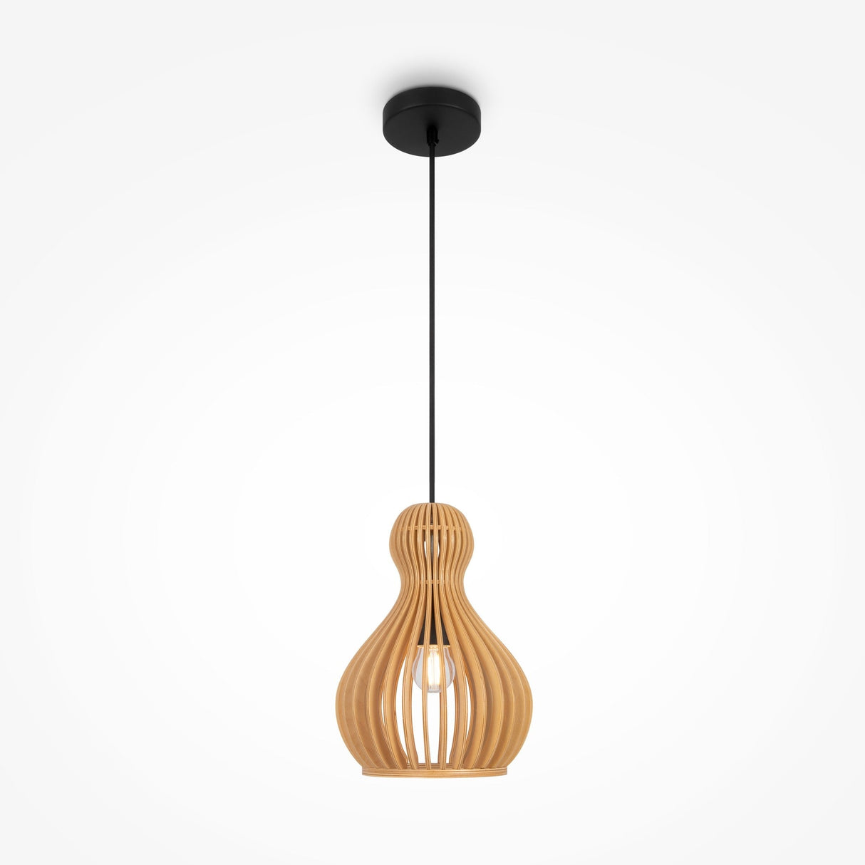 The Roots Pendant Lamp 20cm - Black With Beige Wooden Round Dome Shade showcases a modern design with a wooden cage and black cord, casting a warm glow through the slats against a white backdrop.
