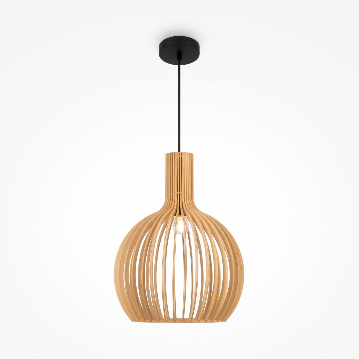 Part of the Modern Nature collection, the Roots Pendant Light 35cm pairs a black ceiling mount with a beige wooden globe dome shade. Its spherical design, featuring curved wooden slats, provides a modern flair while allowing the bulb to peek through for an elegant effect.