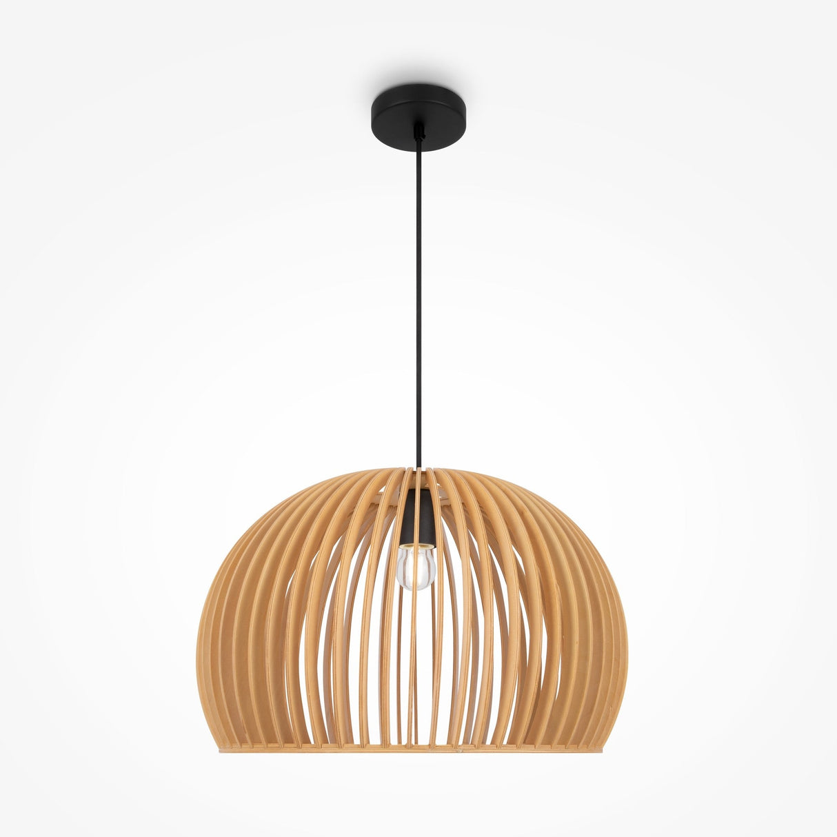 The Roots Pendant Light 45cm showcases a sleek design with a black cord and ceiling mount, featuring a beige wooden half-dome shade made of spaced natural wood slats, revealing an exposed bulb at the center.