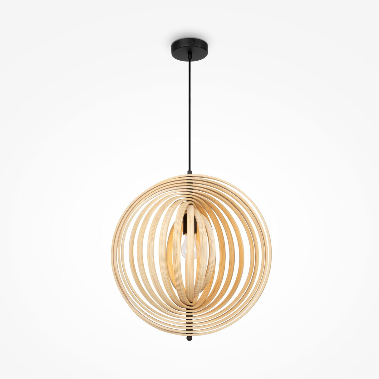 The Roots Pendant Light 50cm features black and natural wood sphere rings forming a stylish oval shape. Part of the Modern Nature collection, it has concentric wooden rings around a central bulb, suspended by a black cord for a minimalist design.