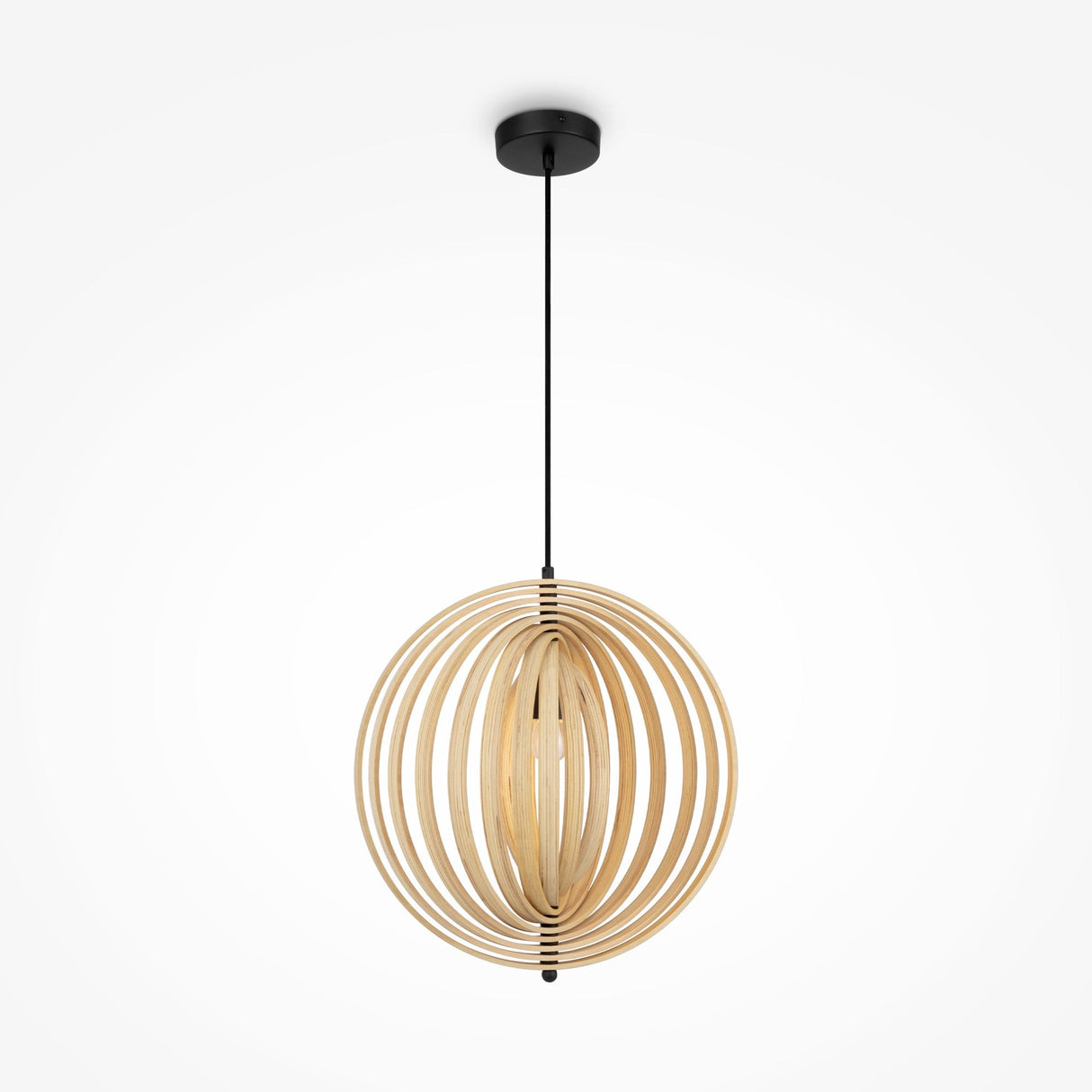 Introducing the Roots Pendant Light 43cm - Black & Natural Wood Sphere Rings; part of our Modern Nature Collection. This elegant fixture features a spherical design with natural wood rings and a black ceiling mount, allowing light to beautifully diffuse through its open, layered structure.