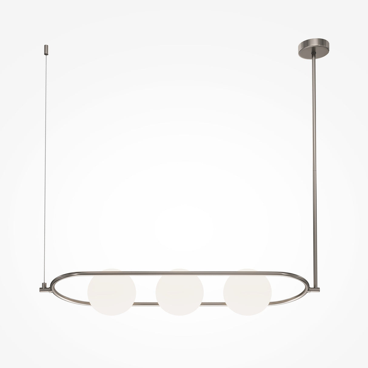 The Erich 3 Light Suspension features three opaque globes and a sleek nickel finish frame. It hangs from the ceiling with a minimalist slim rod and wire, offering a contemporary look.