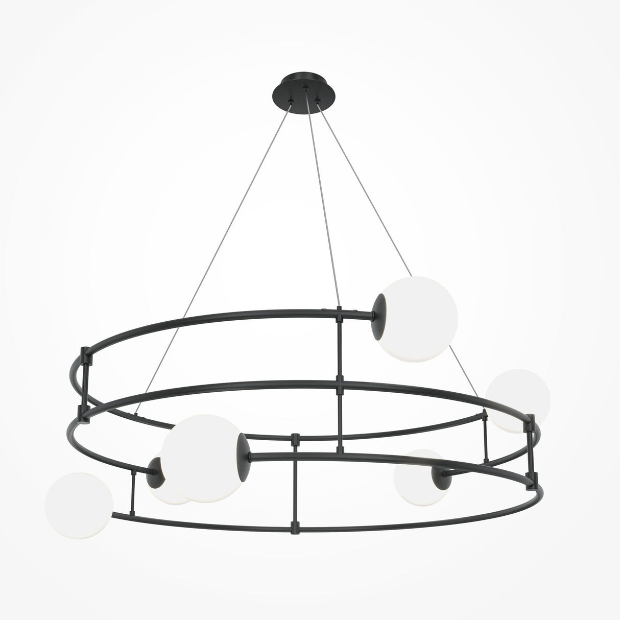 The Balance 6 Light Suspension in black, with opal globes, features a modern chandelier design. Its black metal frame forms two concentric circles with six opal glass globes elegantly balanced around them. Suspended by thin wires, it adds sophistication to any rooms décor.