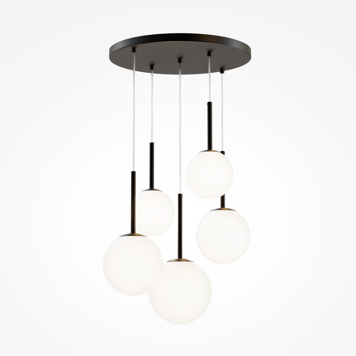 The Basic Form 5 Light Cluster Pendant in Black/White features five suspended frosted glass globes at varying lengths from a sleek circular black base, with minimalist black metal stems, offering an elegant industrial pendant light look for contemporary interiors.